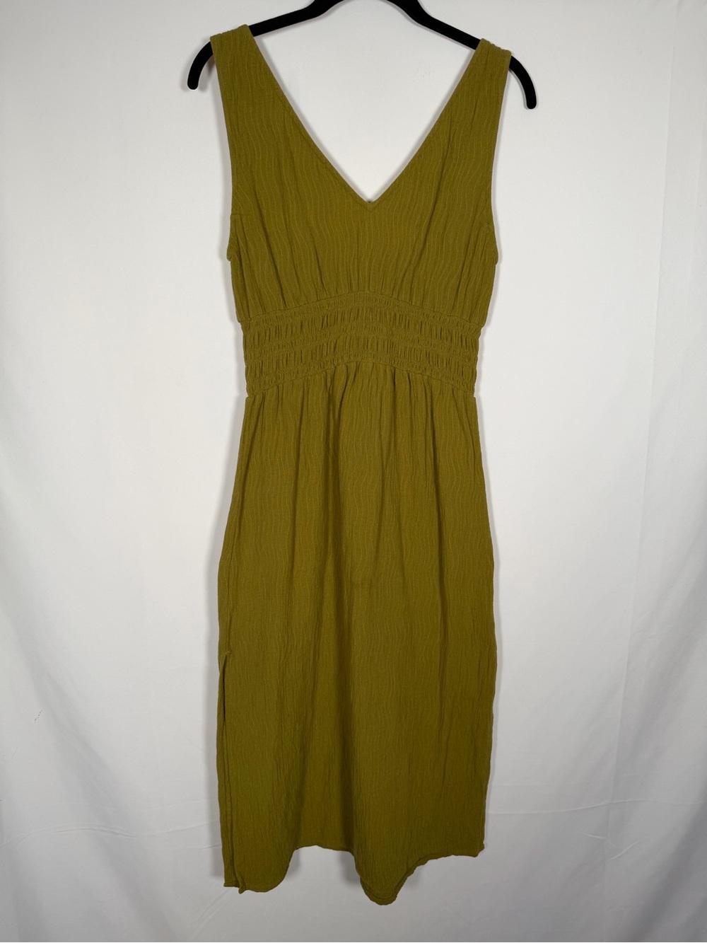 Rue Stiic Cotton Gauze V-Neck Babydoll Olive Smocked-Waist Midi Dress
